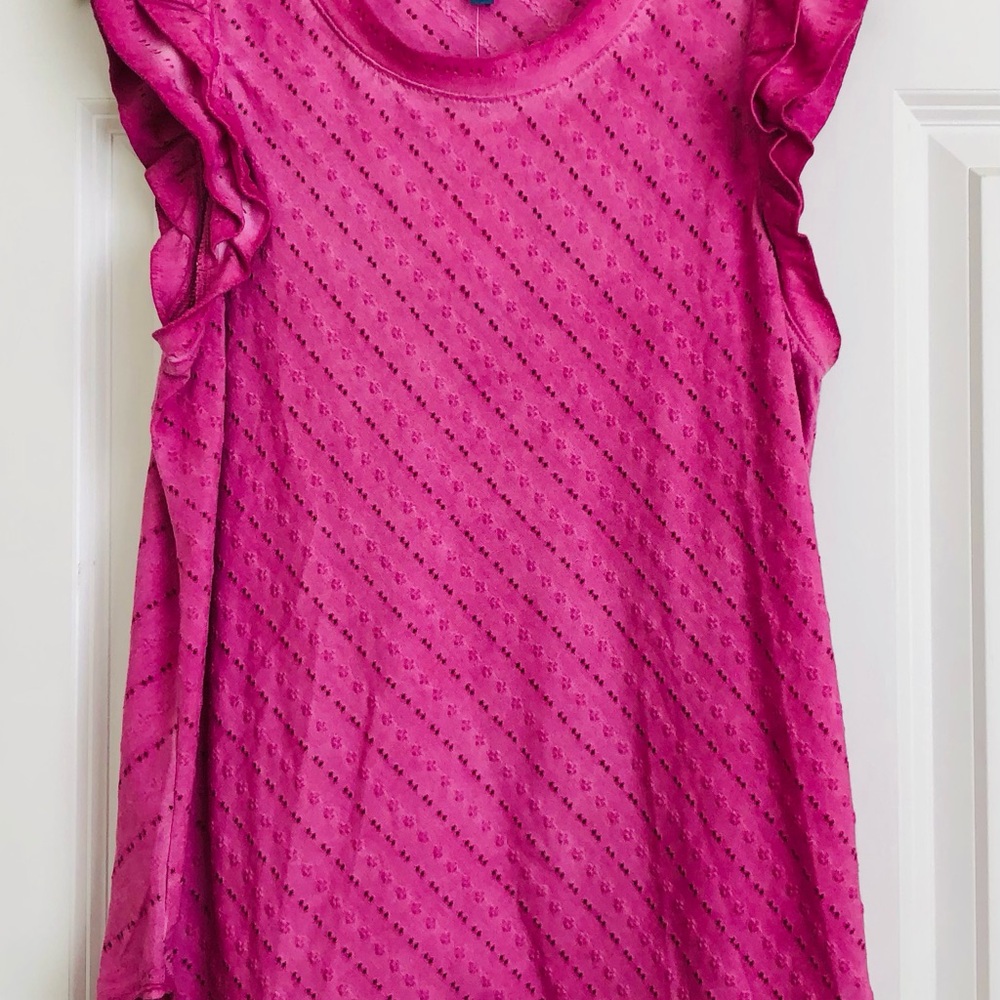 Democracy Pink Blouse with Textured Fabric and Ruffled Edges